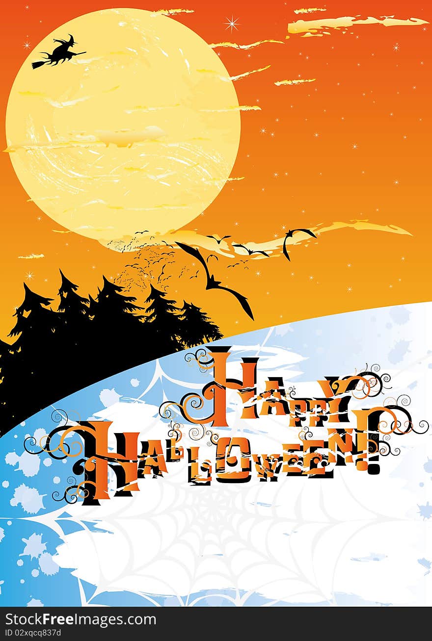 Halloween card with stars, moon, forest, witch and bats, and copy space. EPS 8