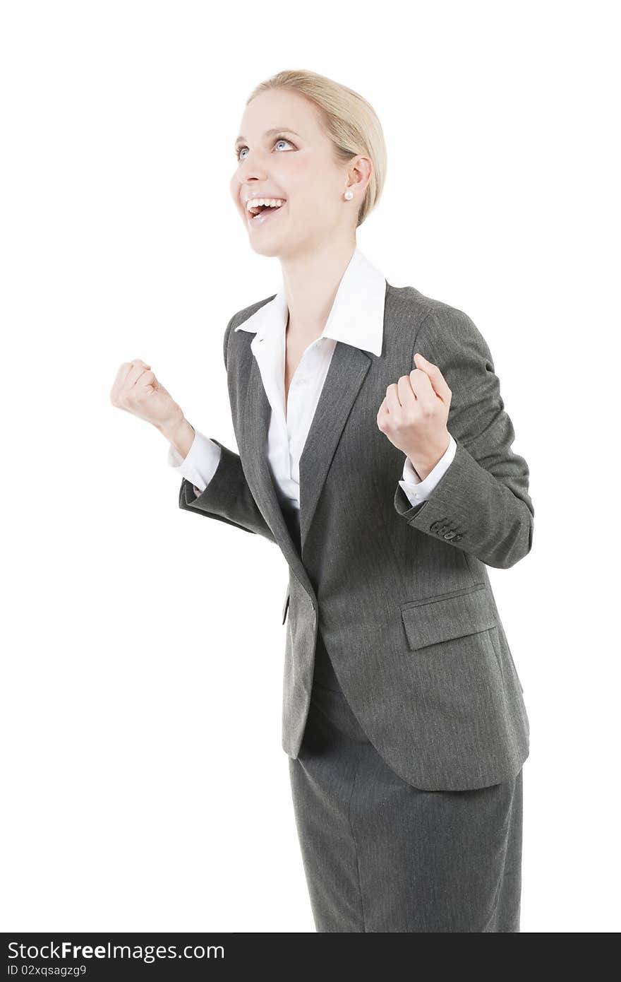 Excited Businesswoman with hands raised. Excited Businesswoman with hands raised