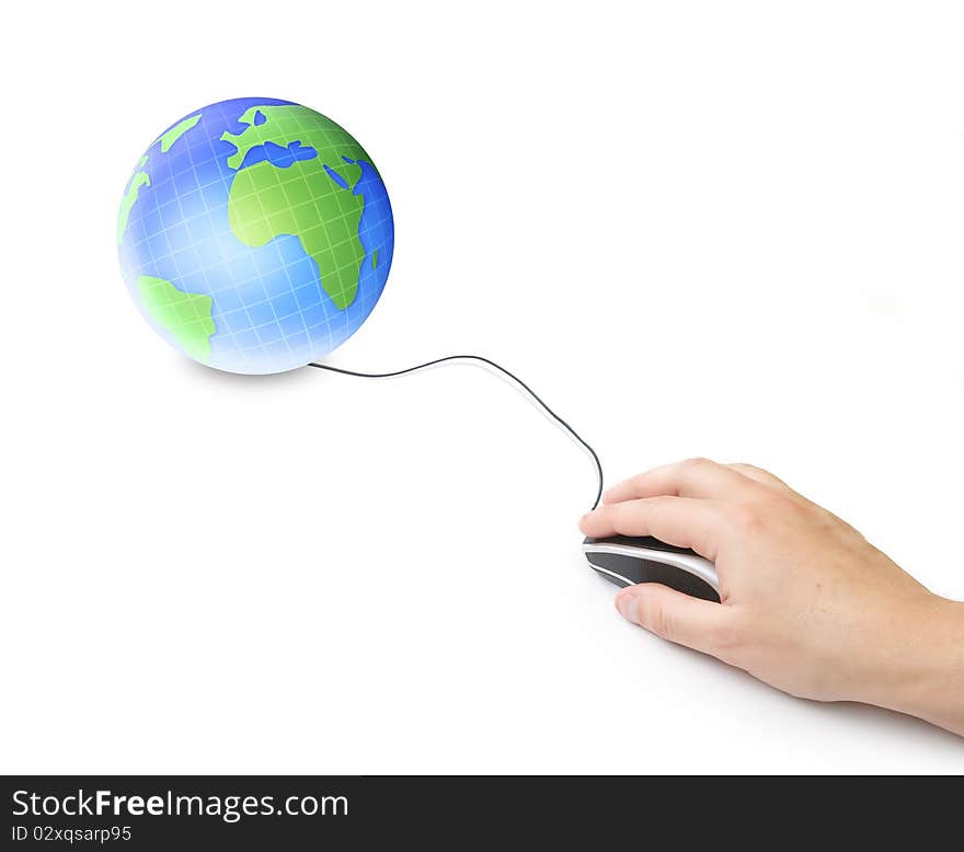 Hand with mouse connected in globe