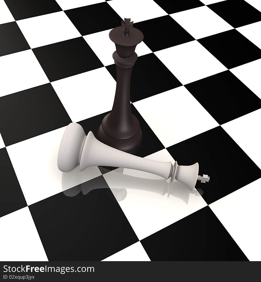 One king defeats the other in a game of chess, a 3d image. One king defeats the other in a game of chess, a 3d image