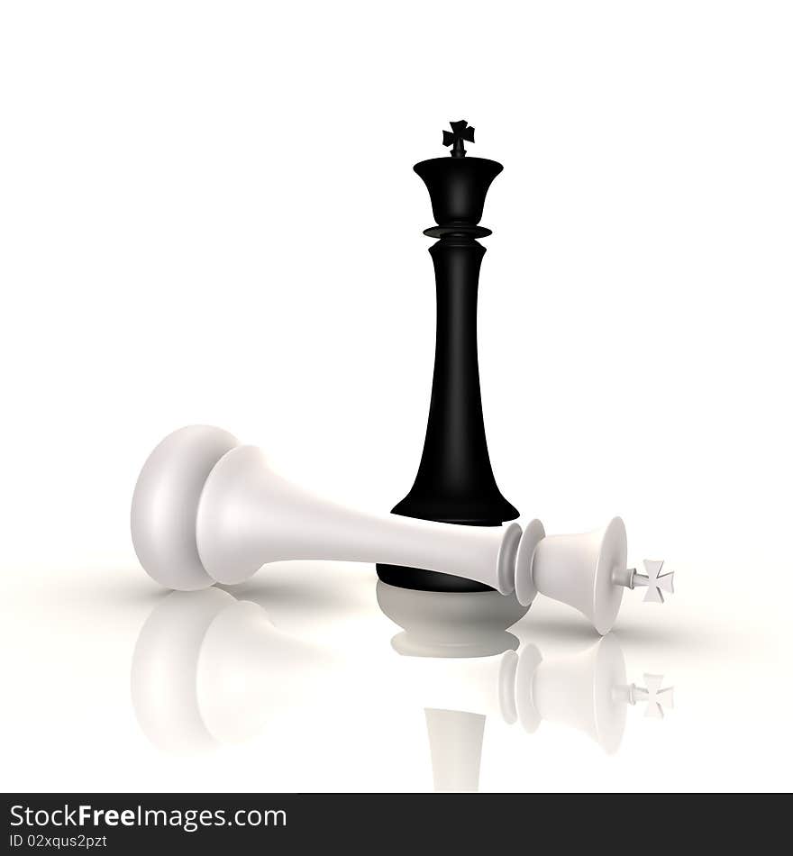 One king defeats the other in a game of chess, a 3d image. One king defeats the other in a game of chess, a 3d image