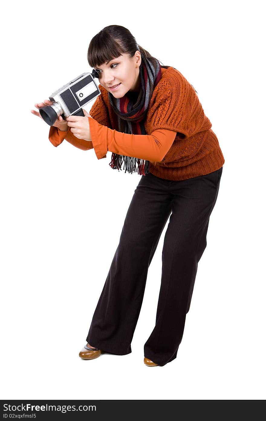 Young adult woman with retro camera. over white background. Young adult woman with retro camera. over white background