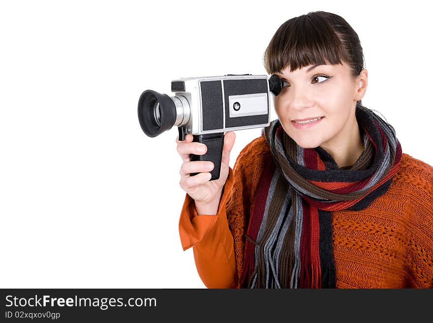 Young adult woman with retro camera. over white background. Young adult woman with retro camera. over white background