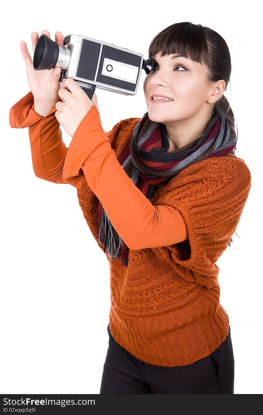 Young adult woman with retro camera. over white background. Young adult woman with retro camera. over white background