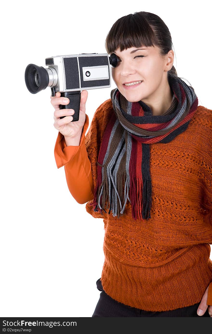 Young adult woman with retro camera. over white background. Young adult woman with retro camera. over white background