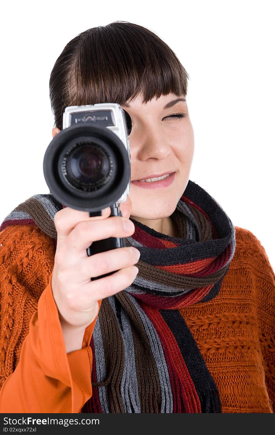 Young adult woman with retro camera. over white background. Young adult woman with retro camera. over white background