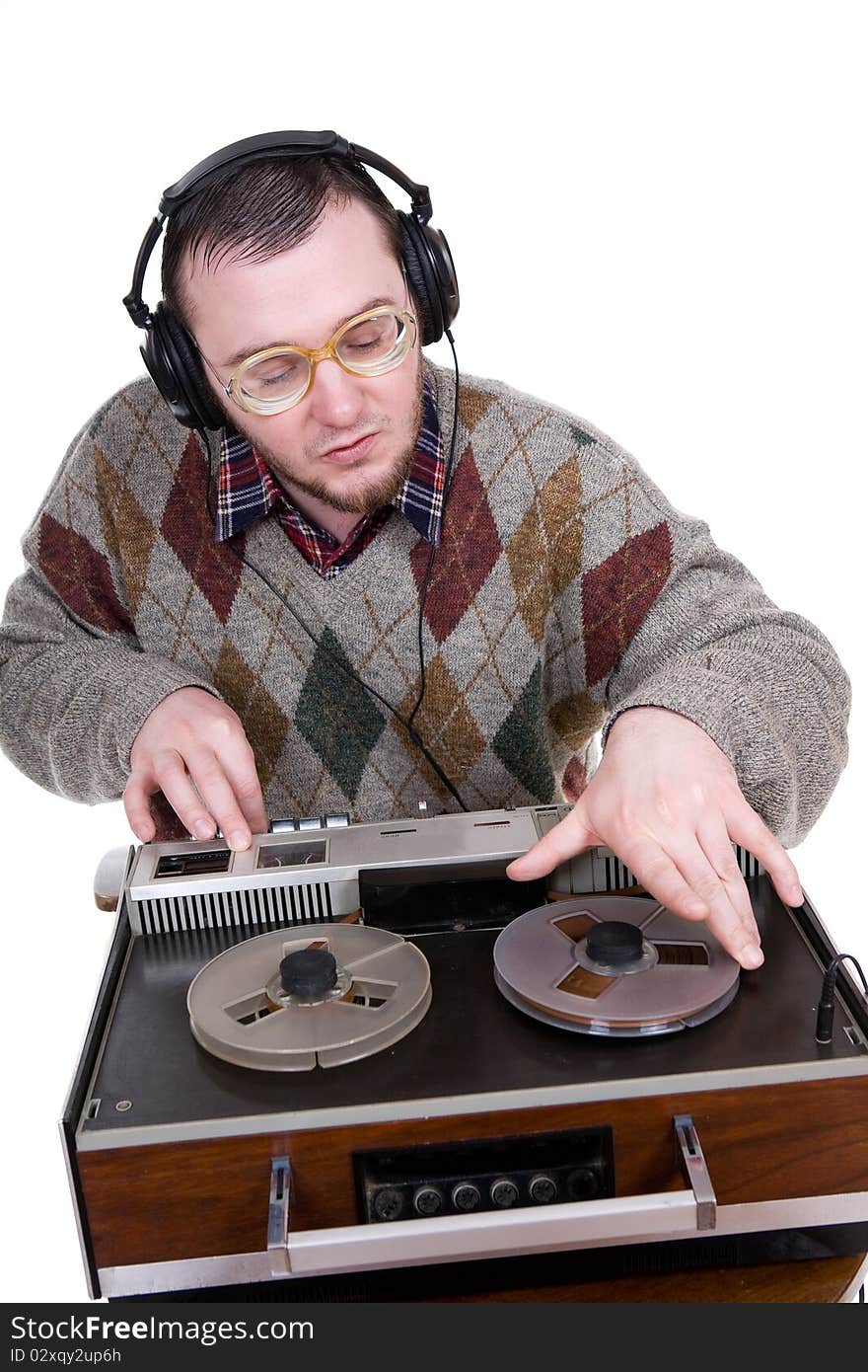 Silly man enjoying music. over white background. Silly man enjoying music. over white background