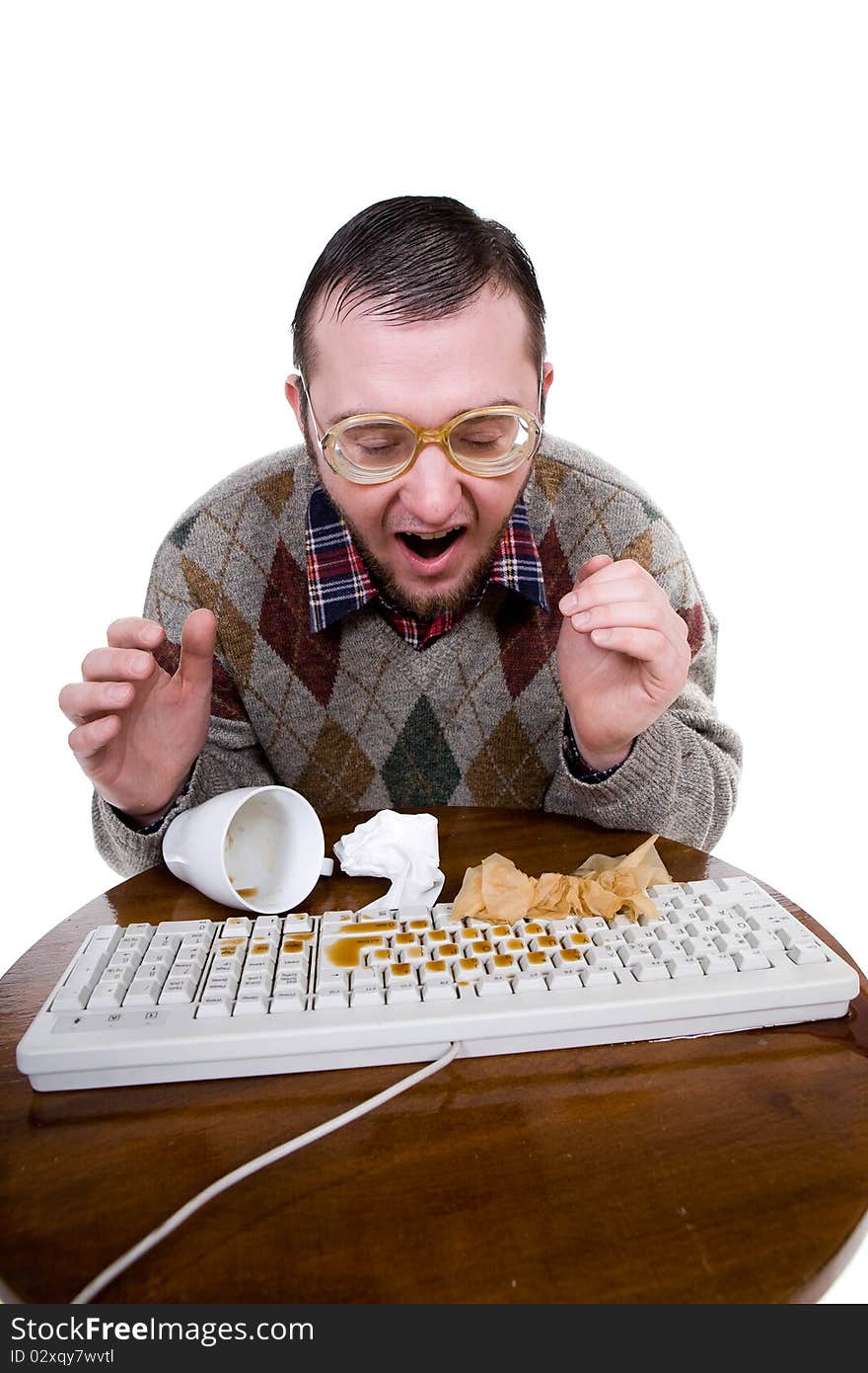 Silly man with broken keyboard. over white background. Silly man with broken keyboard. over white background