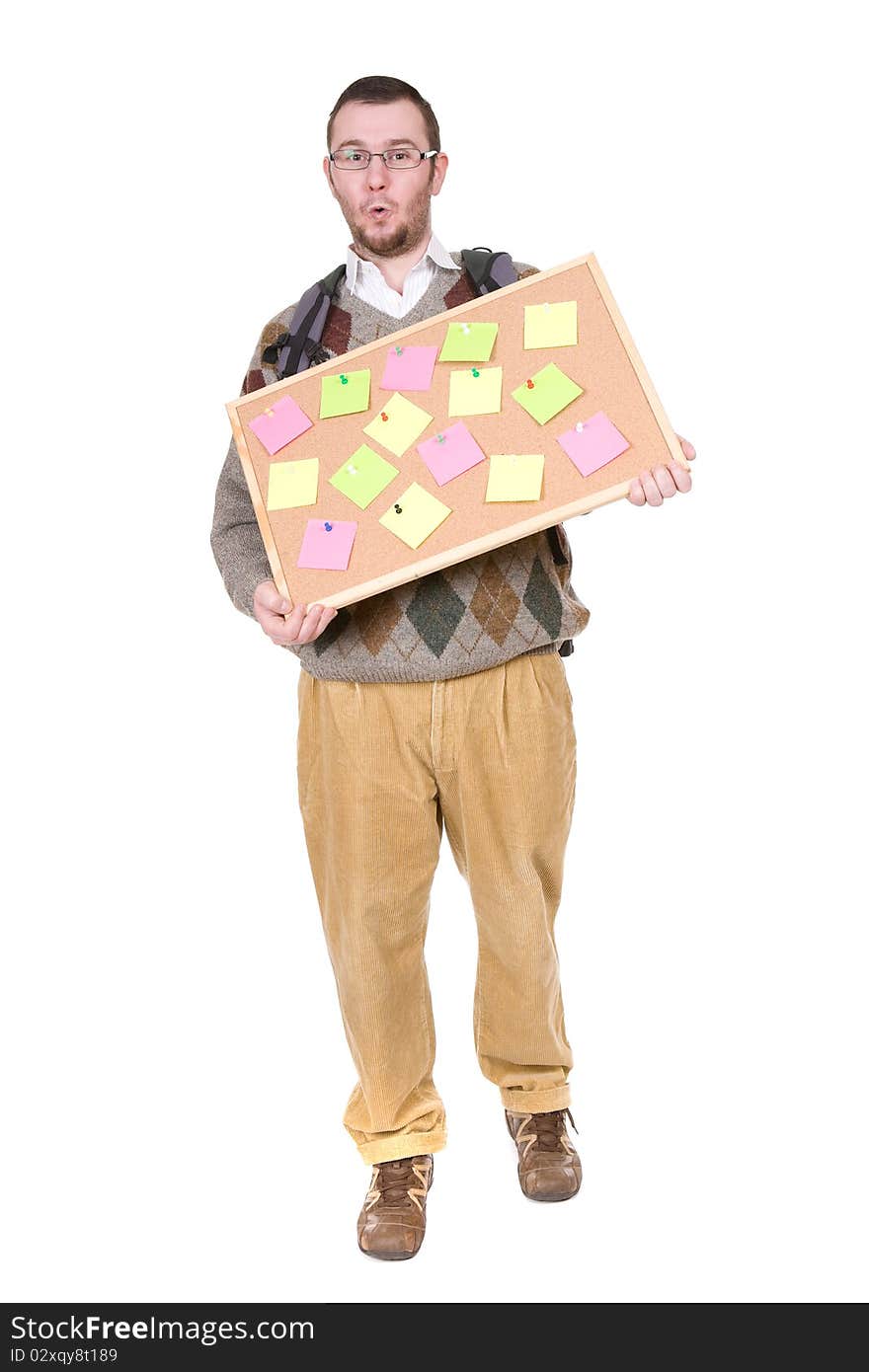 Young silly adult man with corkboard. over white background. Young silly adult man with corkboard. over white background