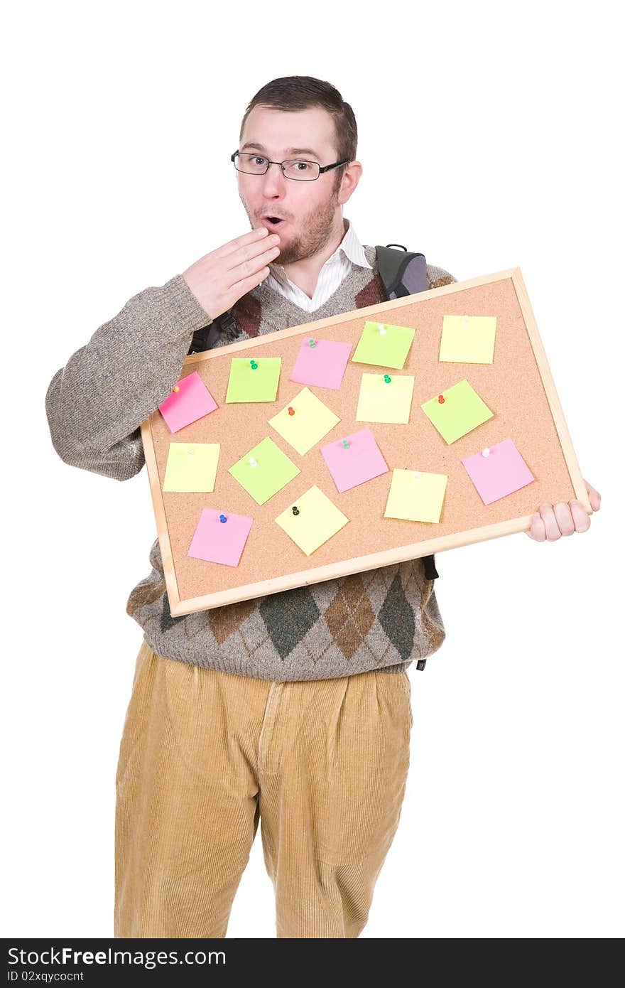 Young silly adult man with corkboard. over white background. Young silly adult man with corkboard. over white background