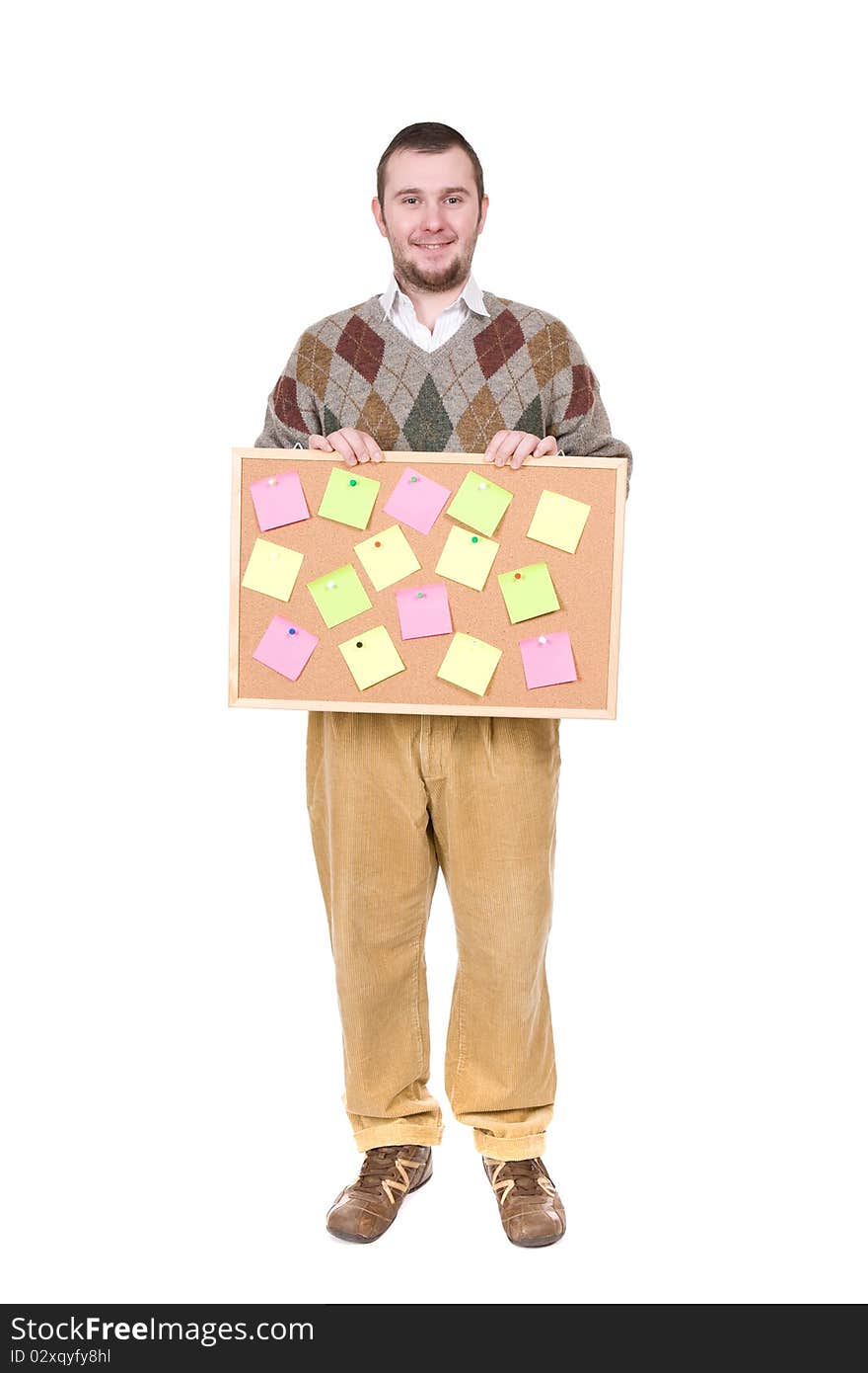 Young silly adult man with corkboard. over white background. Young silly adult man with corkboard. over white background