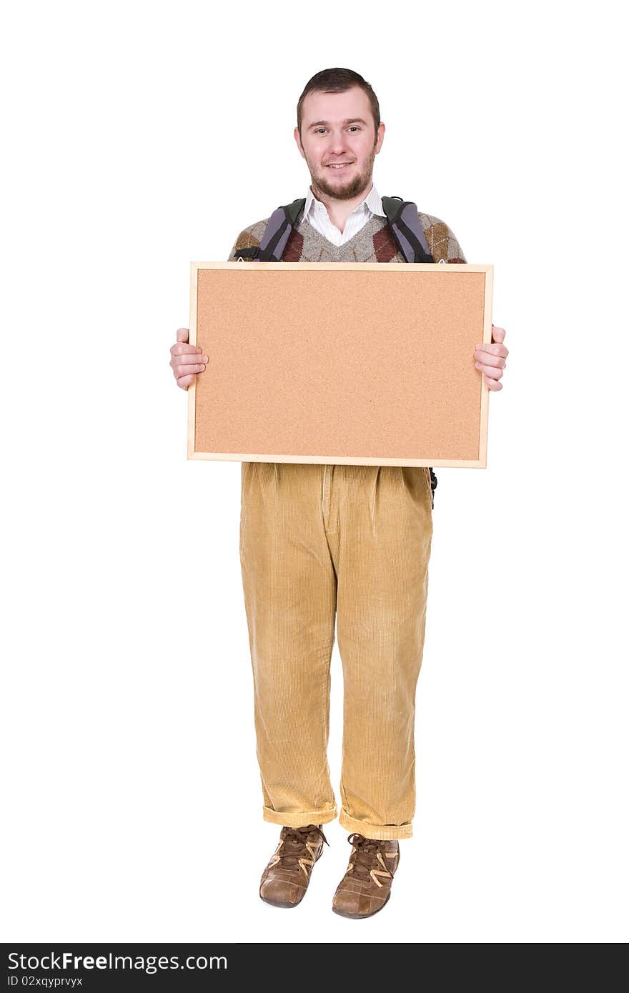 Young silly adult man with corkboard. over white background. Young silly adult man with corkboard. over white background