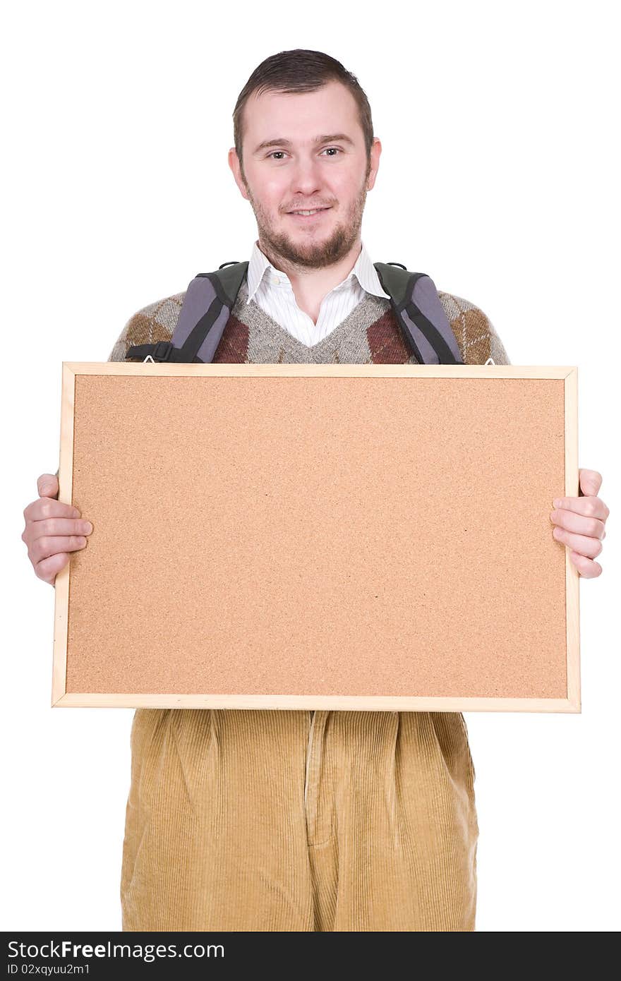 Young silly adult man with corkboard. over white background. Young silly adult man with corkboard. over white background