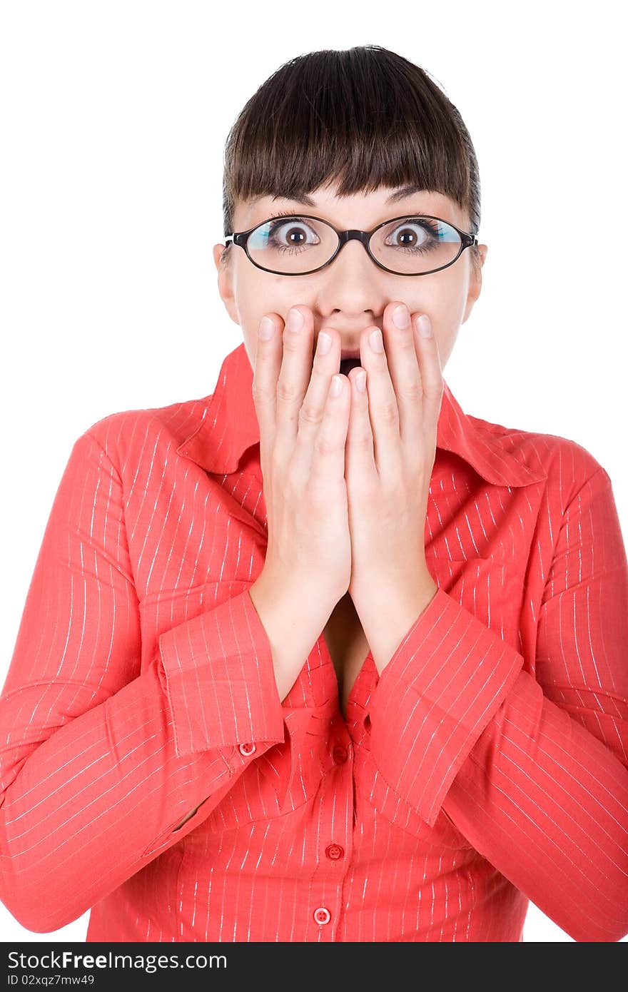 Young adult woman with glasses . over white background