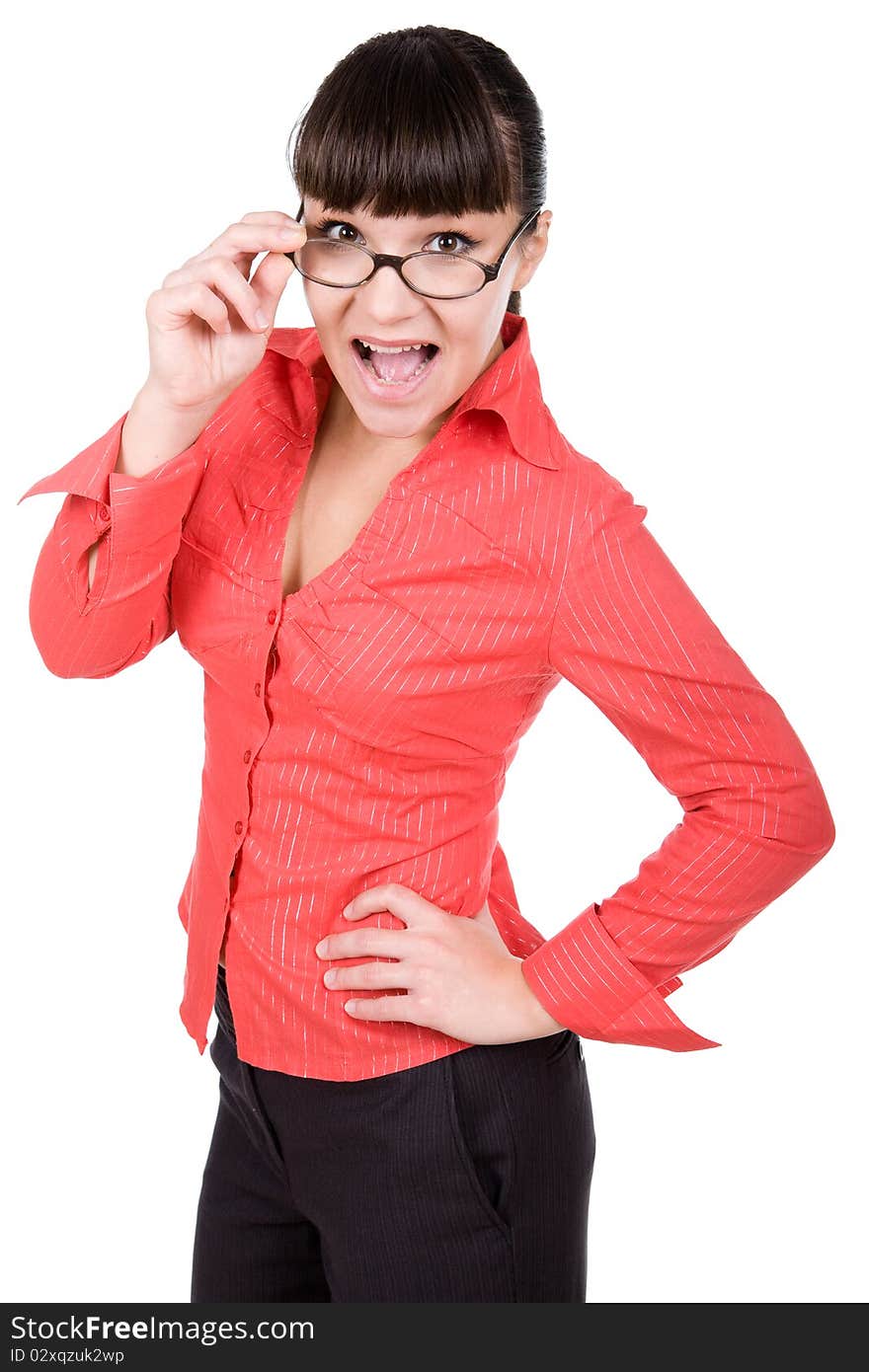 Young adult woman with glasses . over white background