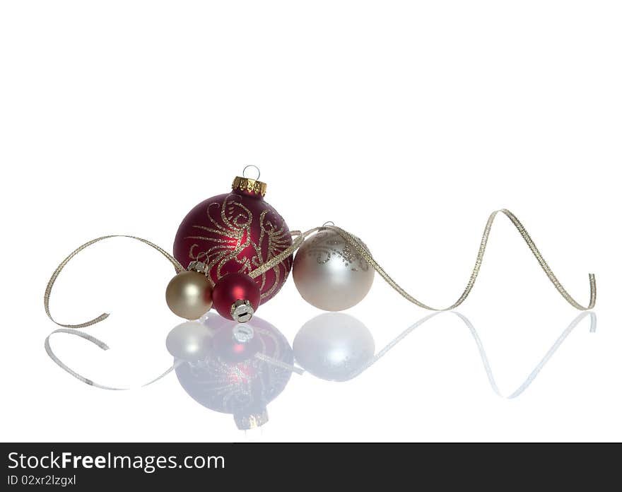 Group of Christmas Baubles with ribbon isolated on white