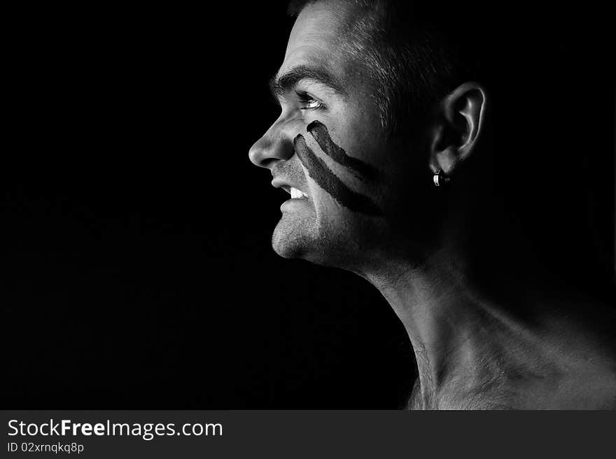 Profile View of Man expressing the aggression and pain. Black and White