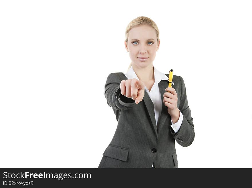 Businesswoman pointing, lots of copy-space. Businesswoman pointing, lots of copy-space