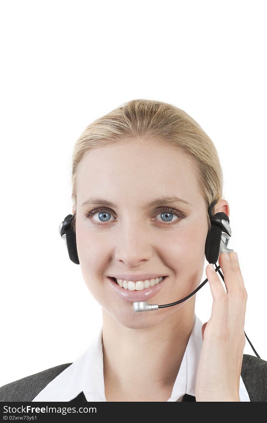 Businesswoman talking on headphones