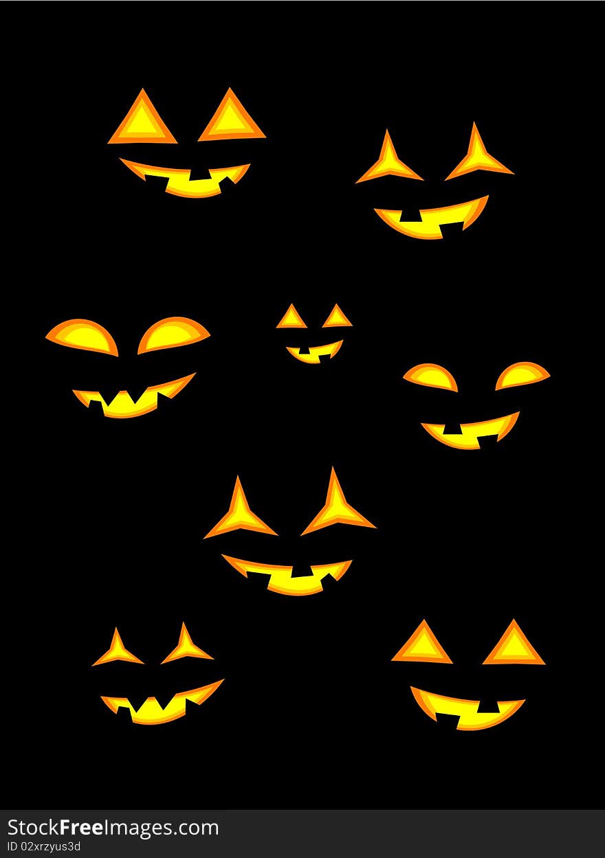 Halloween jack o' lanterns in darkness. Glowing eyes and mouth. Halloween jack o' lanterns in darkness. Glowing eyes and mouth