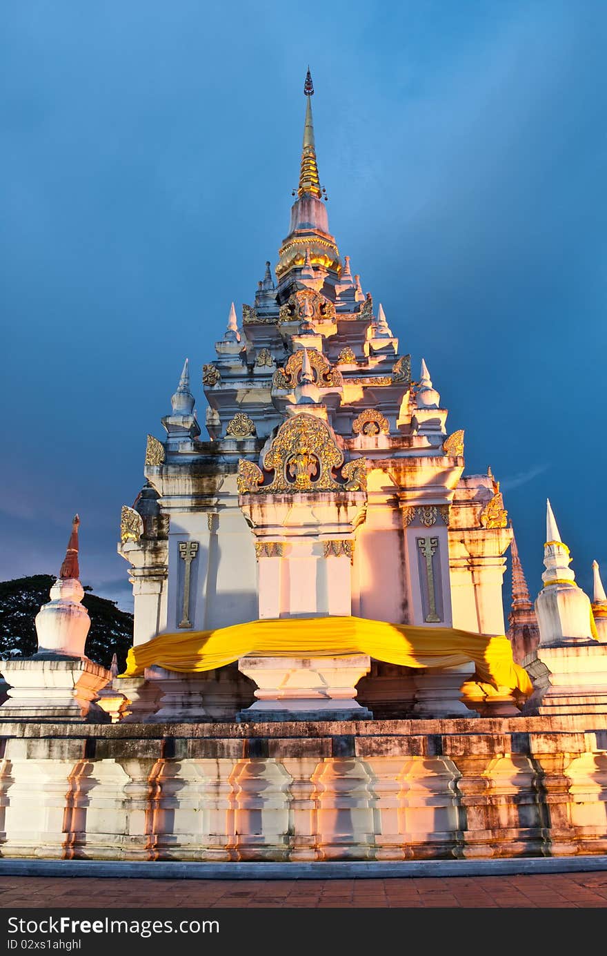 Thai pagoda at night in chaiya, suratthanee, thainee