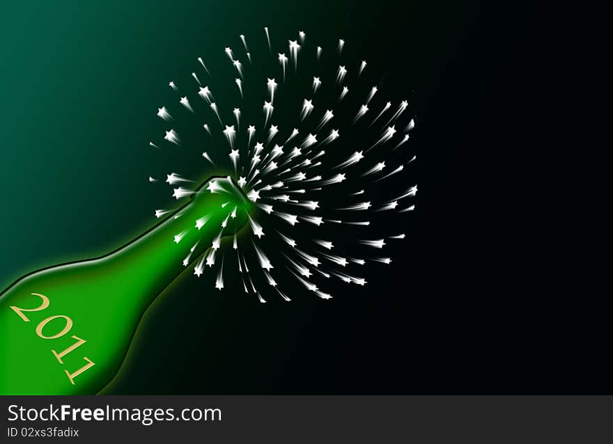 Bottle and fireworks on a green background. Bottle and fireworks on a green background