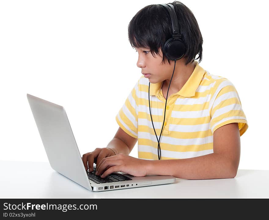 Boy with laptop, child work with computer against white background