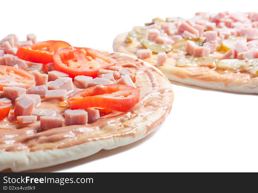 Pizza ingredients on cutting board, isolated on white