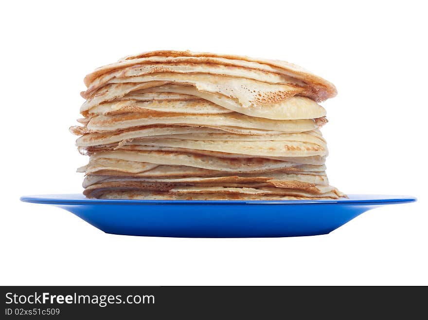 Pancakes on plate, isolated on white