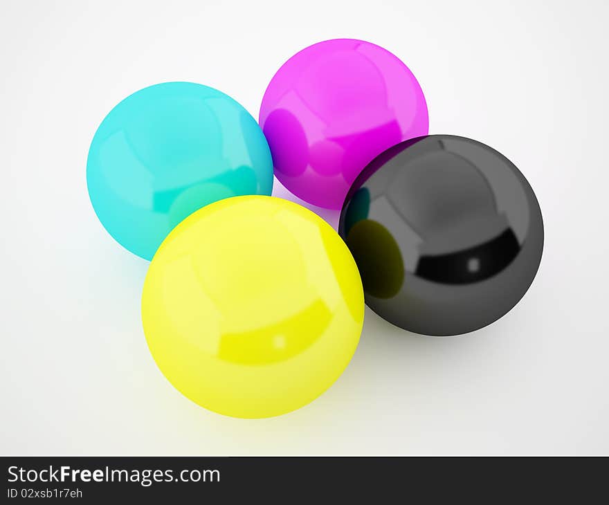 High quality 3D render of isolated CMYK balls. High quality 3D render of isolated CMYK balls