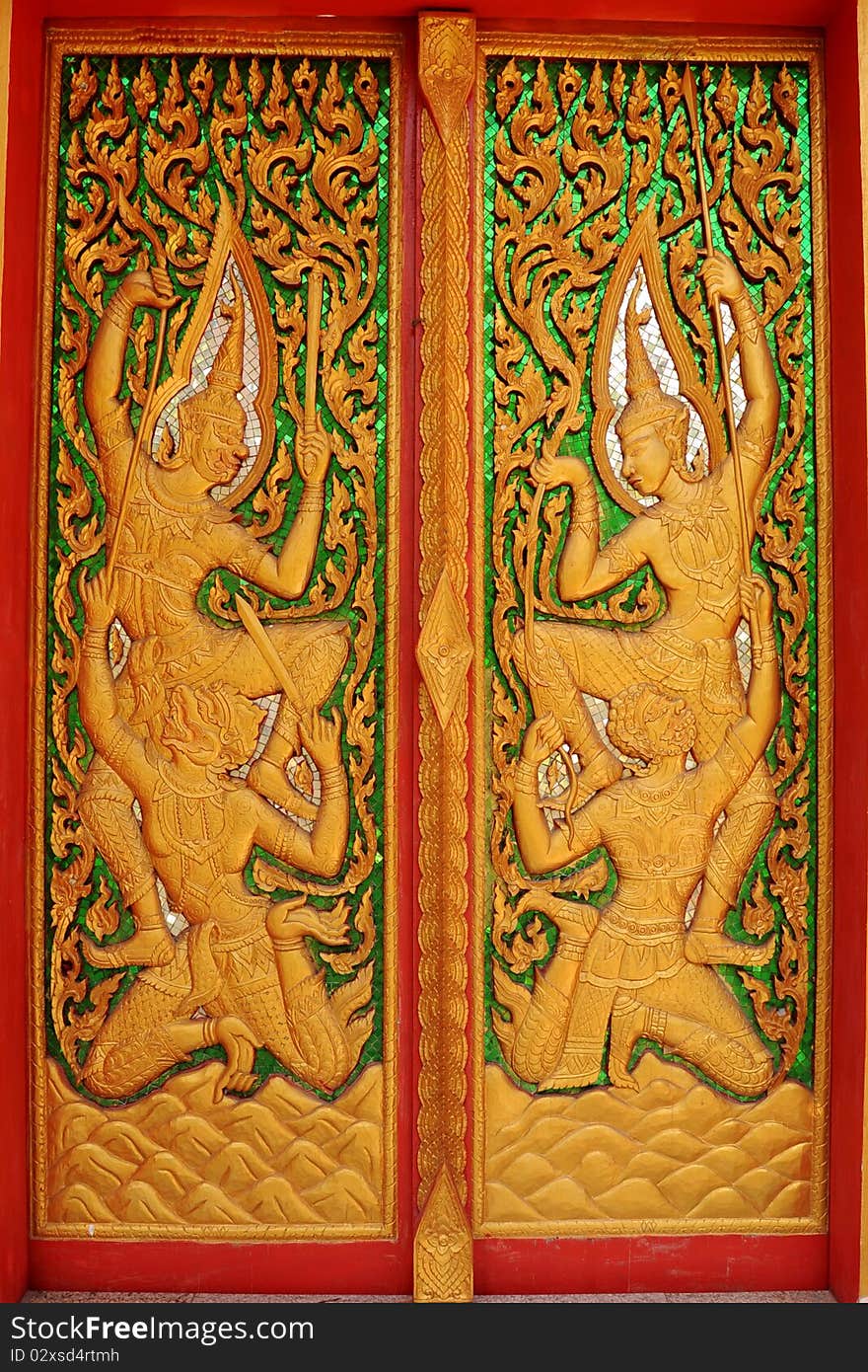 Ornate Thai Buddhist temple door located in yala thailand