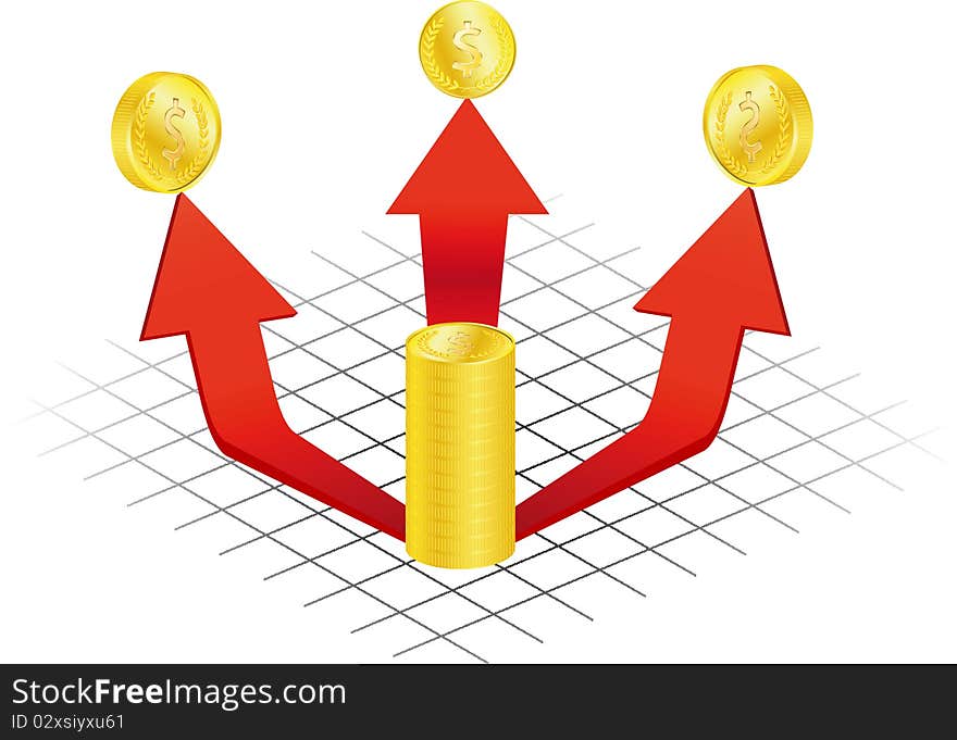 Diagram and arrow with money. Vector illustration.