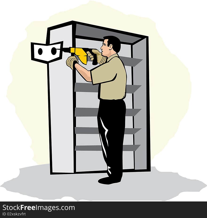 Clipart illustration of a man using a drill to install shelving. Clipart illustration of a man using a drill to install shelving