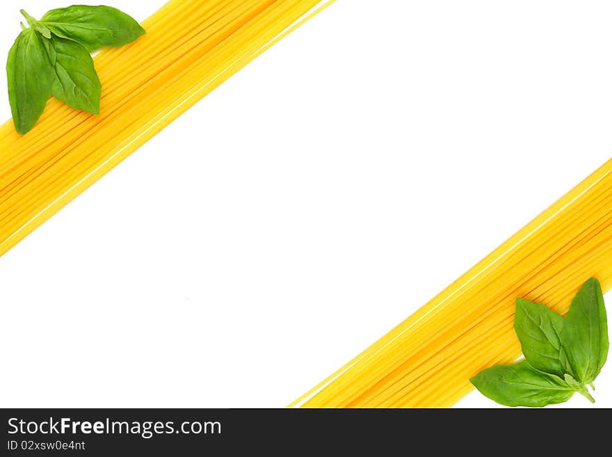 Food frame - pasta and basil isolated. Food frame - pasta and basil isolated