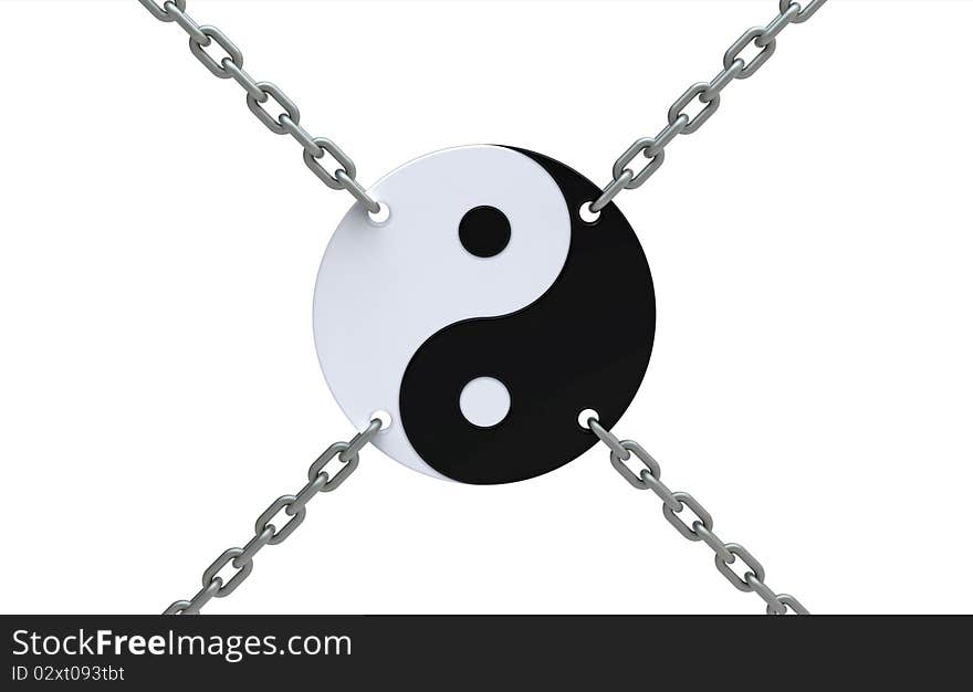 Yin-yang symbol in chains isolated on white, 3d render