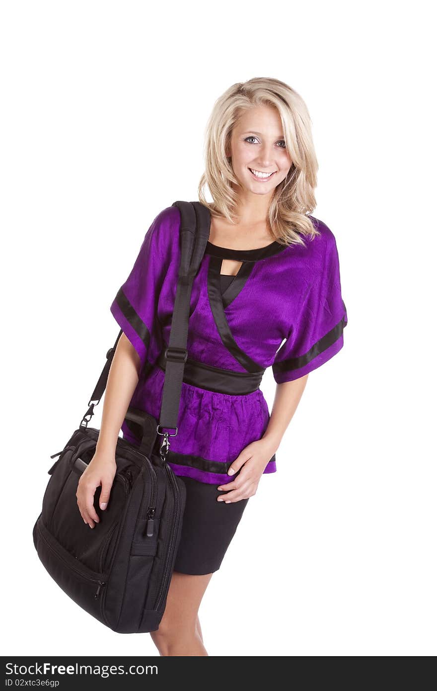 Woman purple holding bag