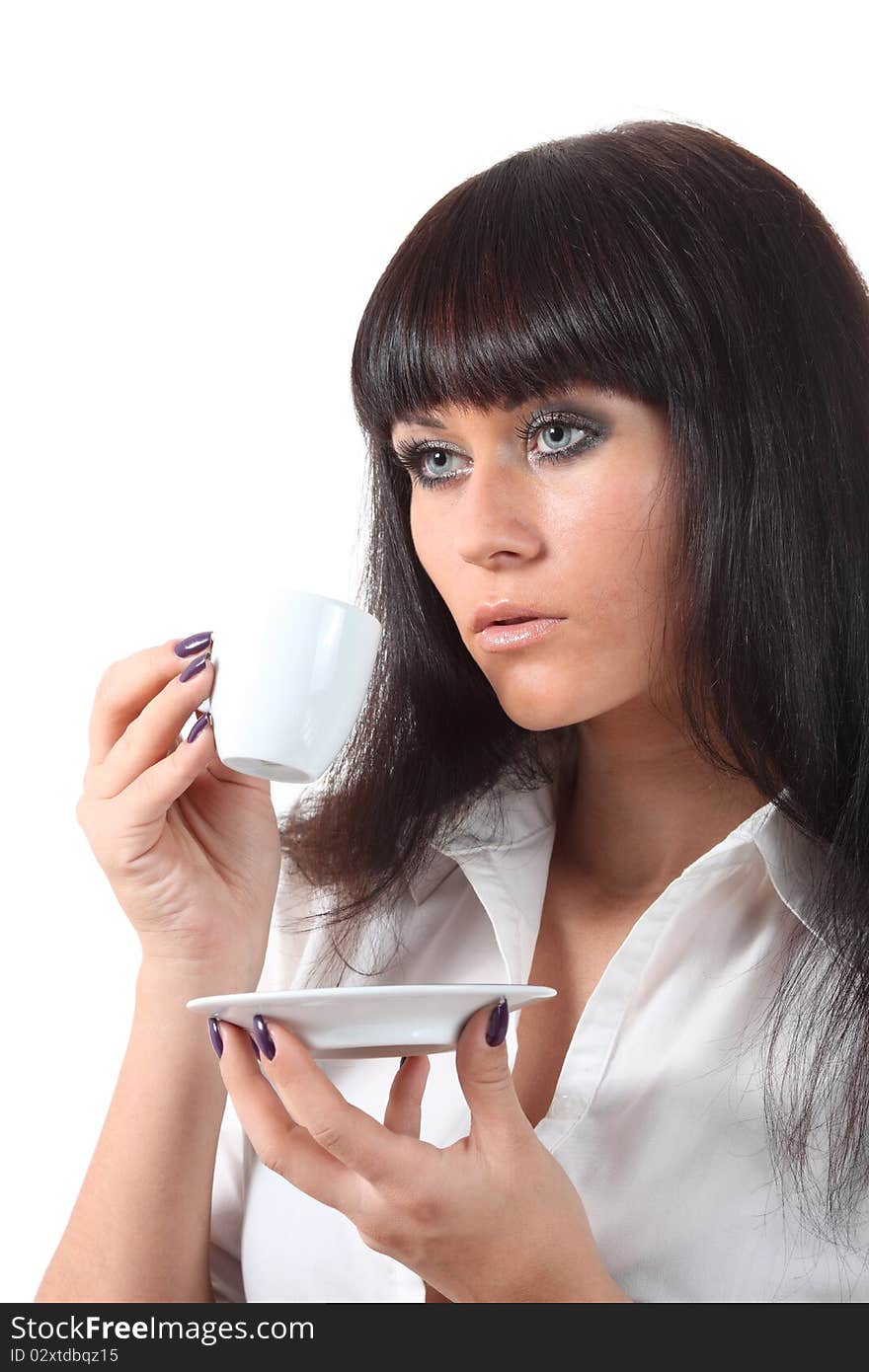 Young attractive blue eyes woman drink coffee. Young attractive blue eyes woman drink coffee