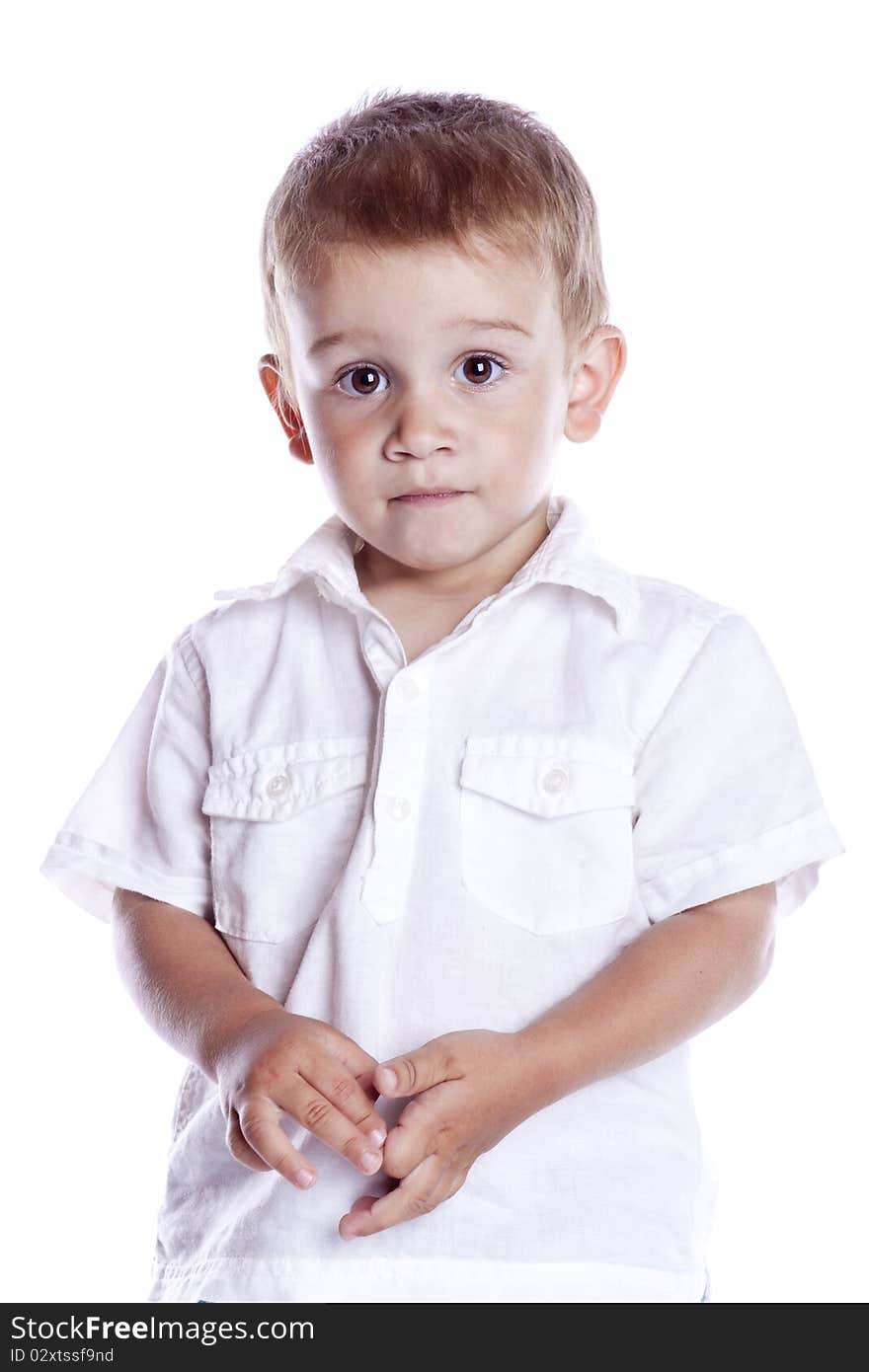 Photo of adorable young boy on white