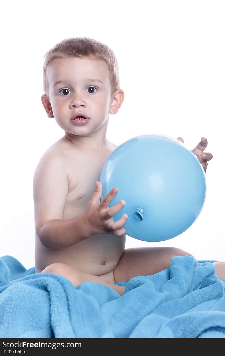 Little boy with balloon on white. Little boy with balloon on white