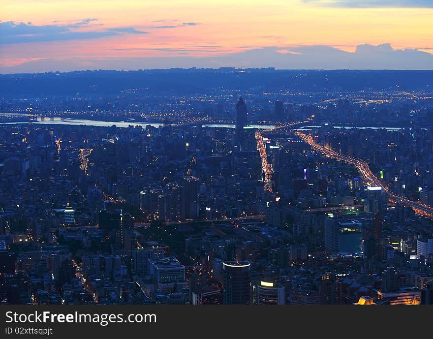 Taipei.Panoramic city skyline at sunset, view from Taipei 101 skyscraper , Taiwan