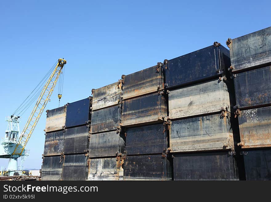 Steel cargo container in the blue sky. Steel cargo container in the blue sky