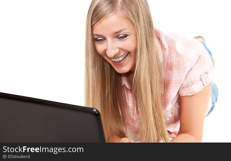 Caucasian woman with notebook on white isolated background