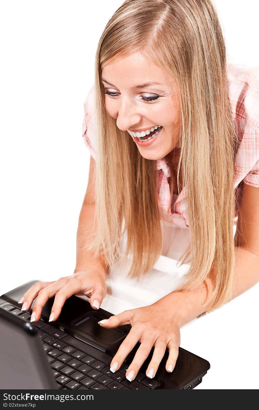 Caucasian woman with notebook on white isolated background