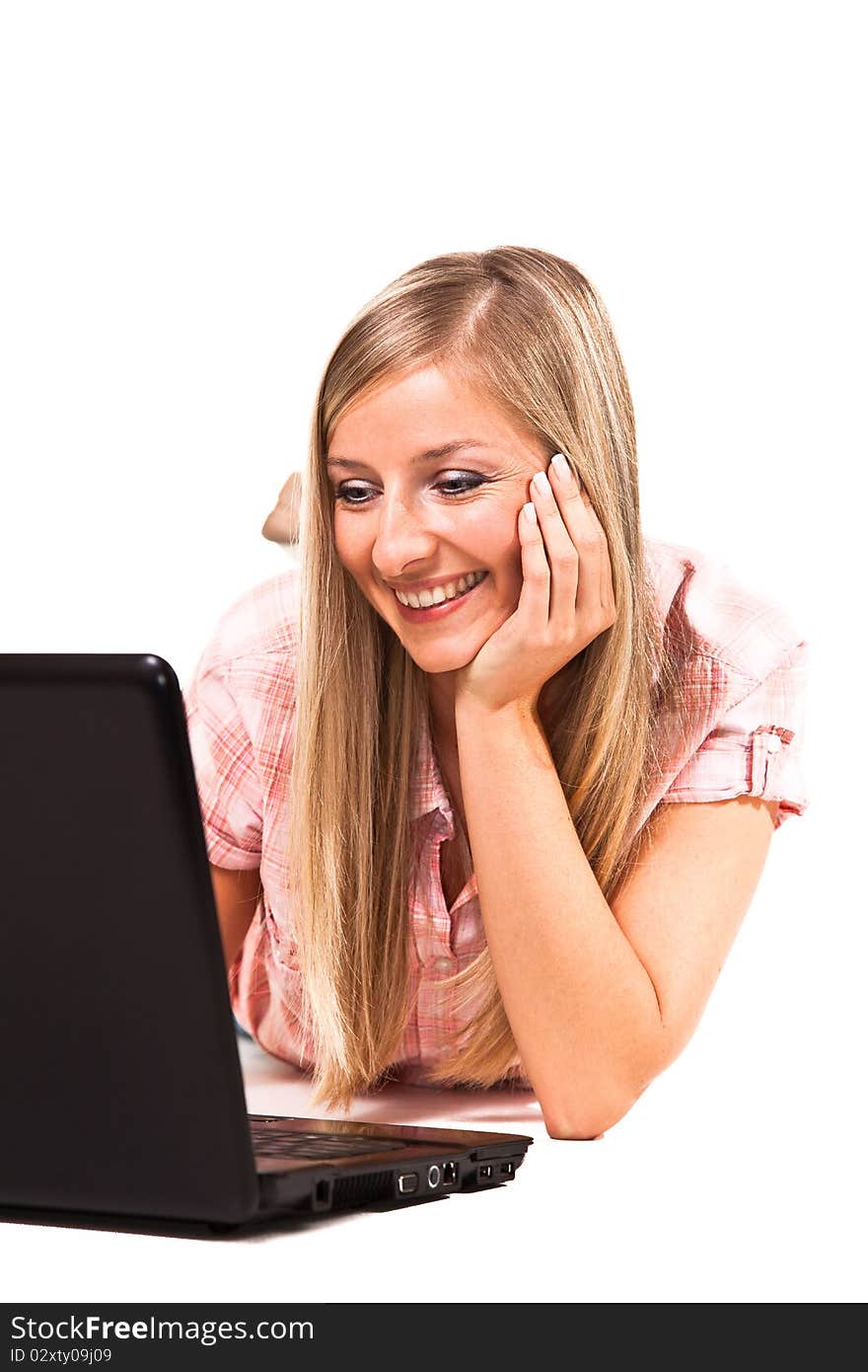 Caucasian woman with notebook on white isolated background