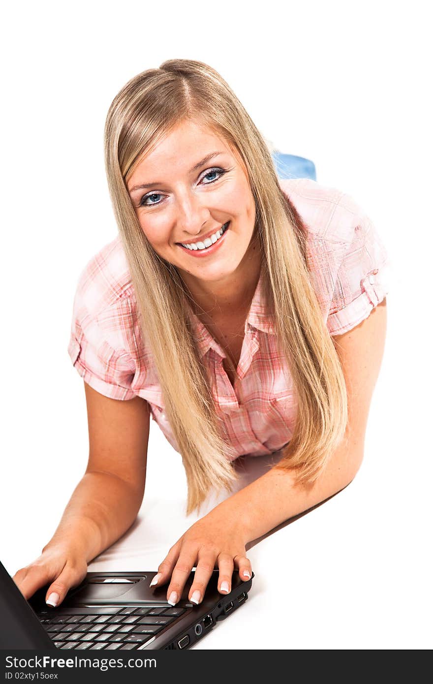 Caucasian woman with notebook on white isolated background