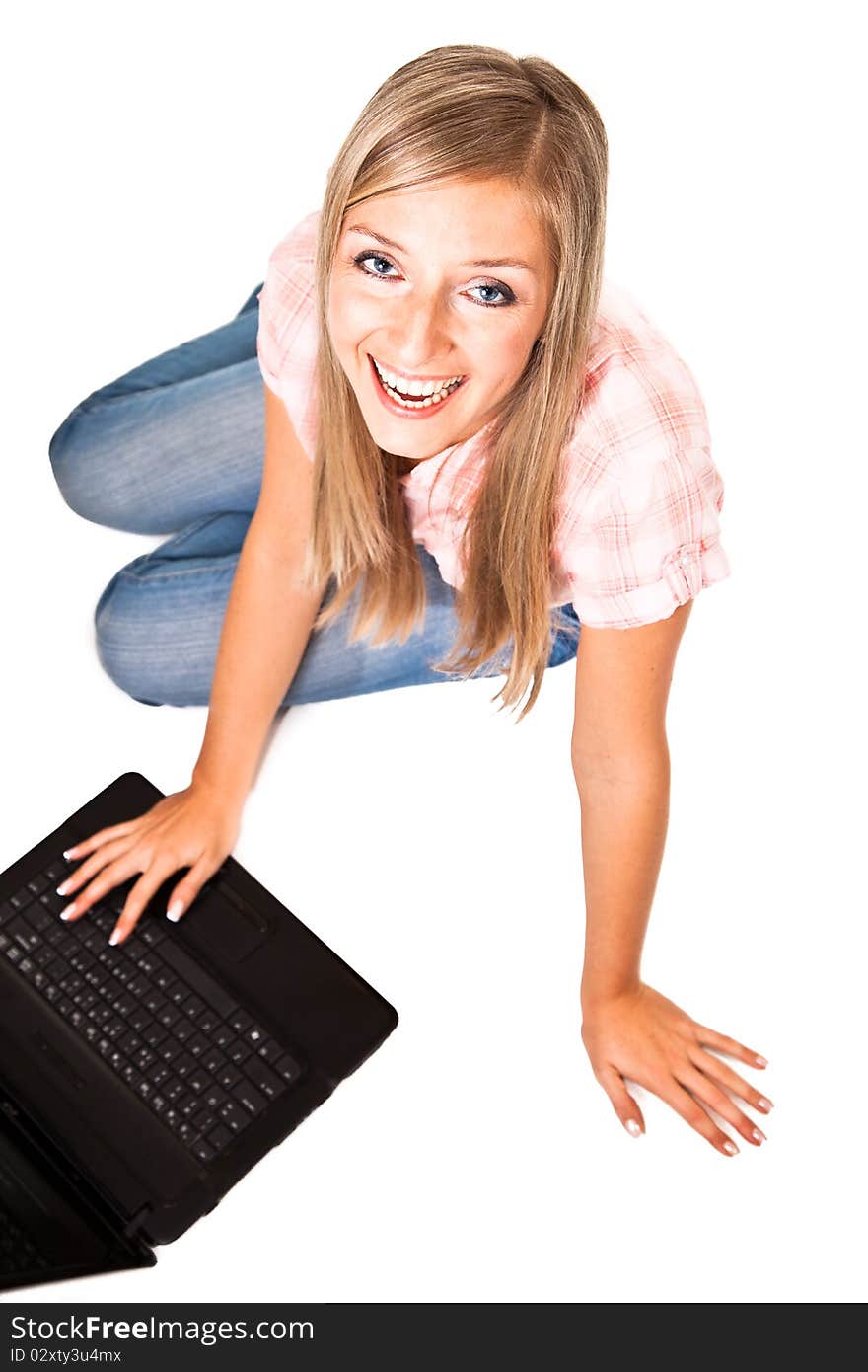 Caucasian woman with notebook on white isolated background