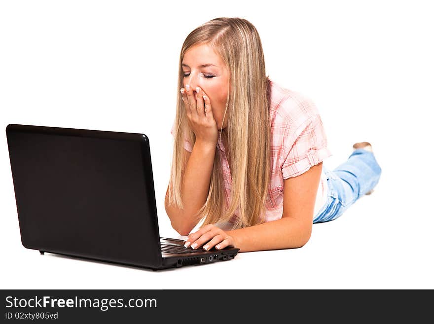 Caucasian woman with notebook on white isolated background