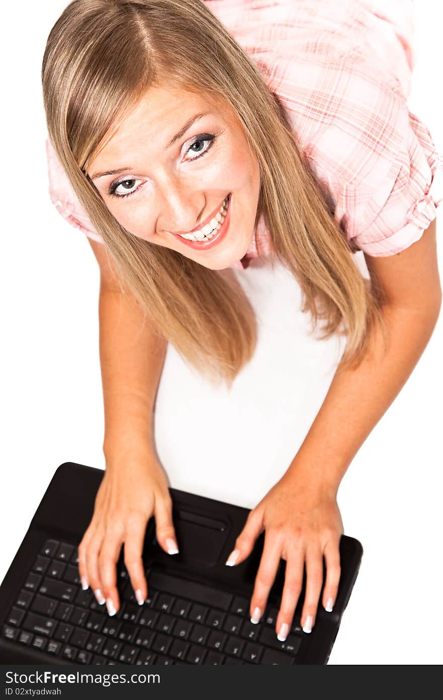 Caucasian woman with notebook on white isolated background