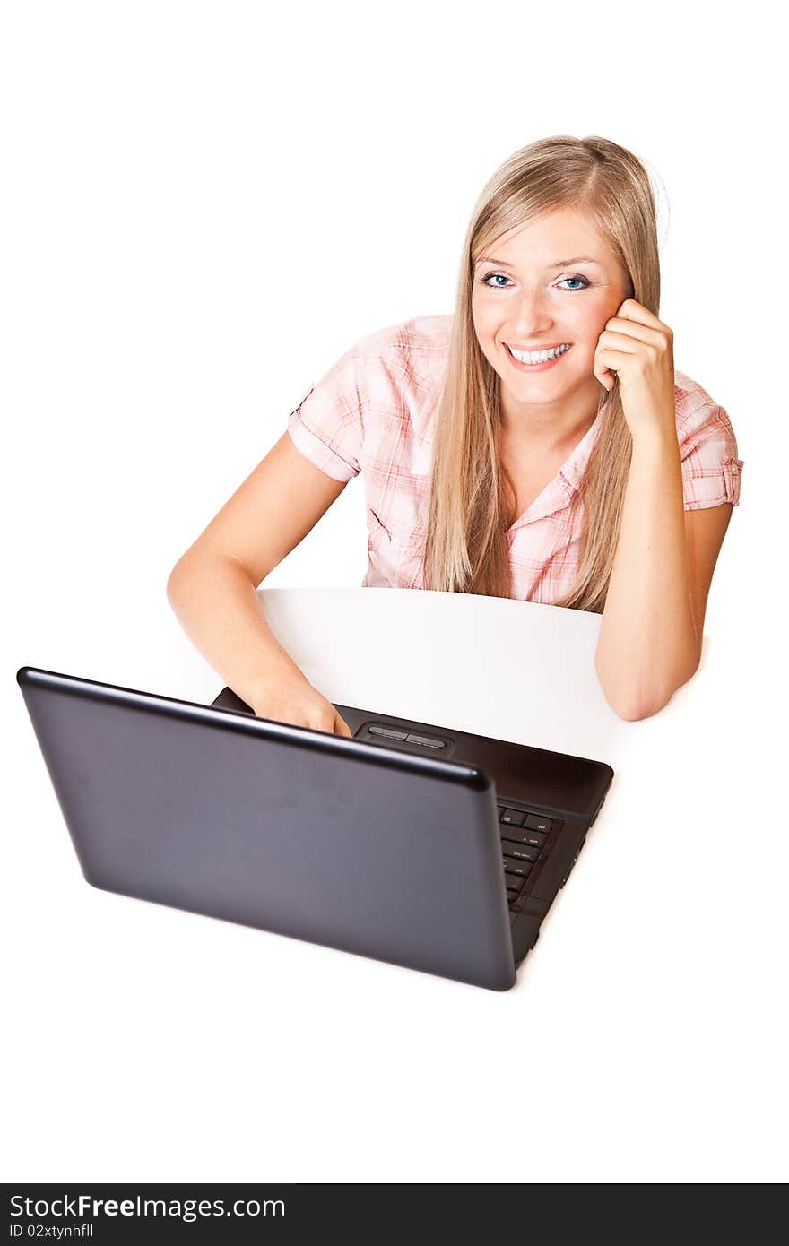 Caucasian woman with notebook on white isolated background