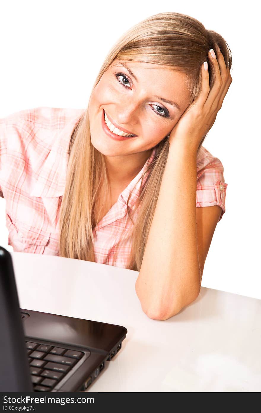 Caucasian woman with notebook on white isolated background